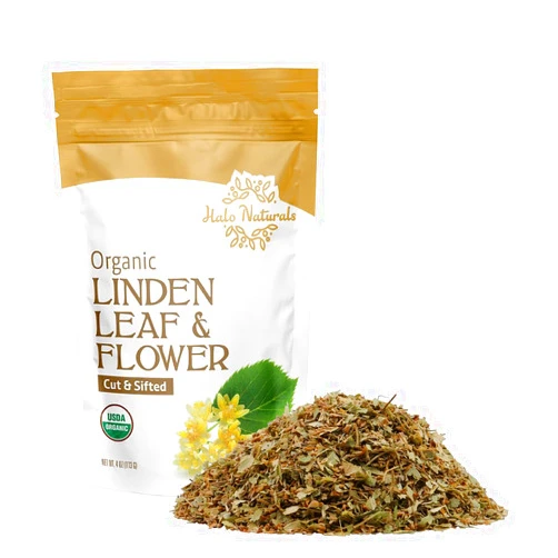 Halo Naturals Organic Linden Leaf & Flower Cut & Sifted, 4 Ounces (Tilia europaea) USDA Certified | Resealable Pouch| Packaged in The USA