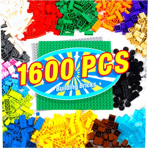 MANNIDOO 1600 Pieces Building Bricks, Building Bulk Block with 2 Packs 24x24 Studs Sticky Plate and 46PCS Wheel Accessory - 100% Compatible with Lego Bricks, Birthday Gfit for Kid - 18 Shape/16 Color