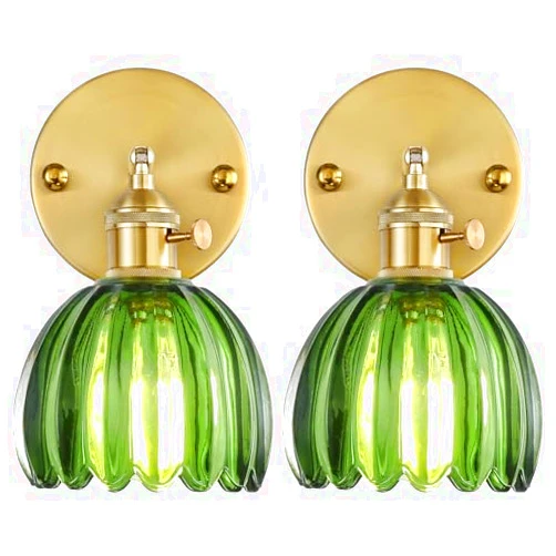 Capslpad Wall Sconces Set of Two Vintage Green Tulip Glass Lampshade Swing Arm 180 Degree Adjustable Indoor Retro Wall Light Fixtures for Bedroom Bathroom Doorway Vanity Entryway Living Room,Green
