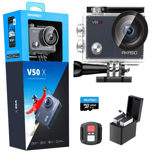 AKASO V50X Native 4K30fps WiFi Action Camera with EIS Touch Screen 4X Zoom 131 feet Waterproof Camera Support External Mic Remote Control with Helmet Accessories (with 128GB MicroSD Card)