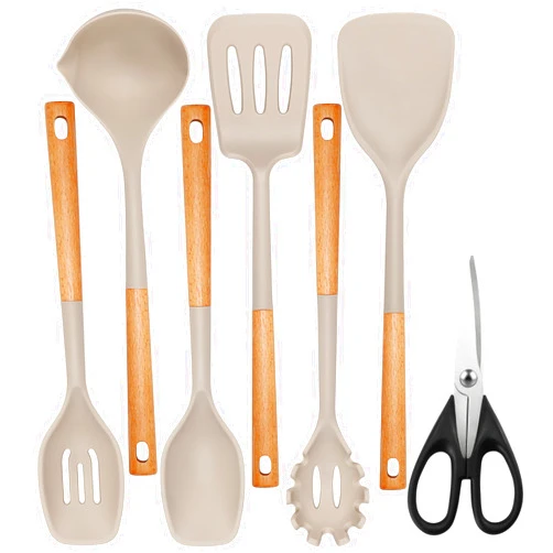 QMVESS Large Silicone Cooking Utensils Set 7 Pcs Heat Resistant Kitchen Utensils Set Food Grade Silicone and Wooden Handles Spatula Soup Ladle Pasta Server Kitchen Scissors BPA Free (Khaki)