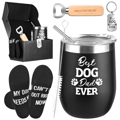 Yoiemivy Dog Dad Gifts for Men Dog Lovers Gifts 12 oz Stainless Steel Insulated Wine Tumbler with Bottle Opener Socks Keychain Funny and Unique Gift for Dog Dad Dog Lovers Father's Day Christmas Gifts