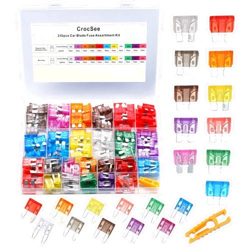 CrocSee 250 Pieces - Car Fuses Assortment Kit, Blade-Type Automotive Fuses - Standard & Mini Size (2A/3A/5A/7.5A/10A/15A/ 20A/25A/30A/35A/40A), Replacement Fuses for Car/RV/Truck/Motorcycle/Boat