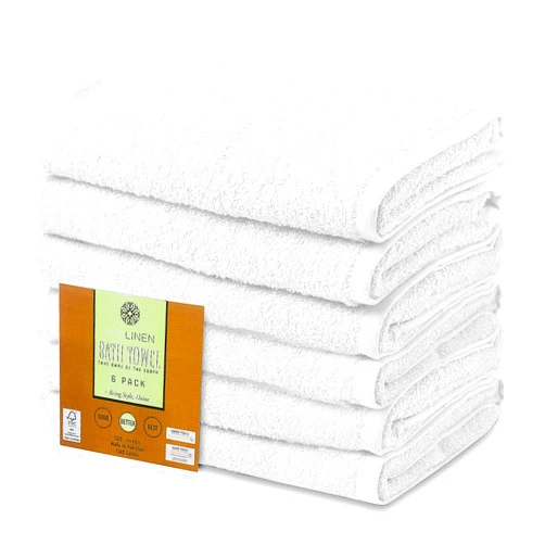 BIOLINEN White Bath Towels - Pack of 6 | Ultra Soft, Highly Absorbent | 100% Cotton Towels for Bathroom, Gym, Spa, and Hotel Use | 24x48 inches