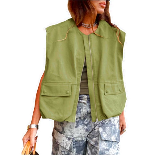 Tankaneo Womens Casual Zip Up Vest Cargo Oversized Ruched Hem Sleeveless Blazer Jackets Tops