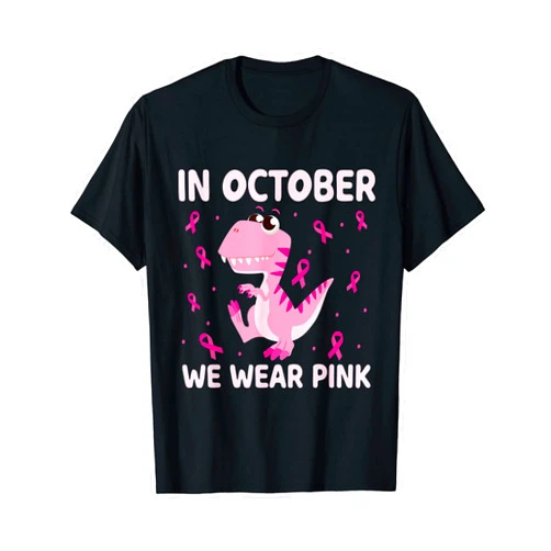 Dinosaur Ribbon Breast Cancer Awareness Tees Co. Dinosaur In October We Wear Pink Breast Cancer Kids Boys T-Shirt