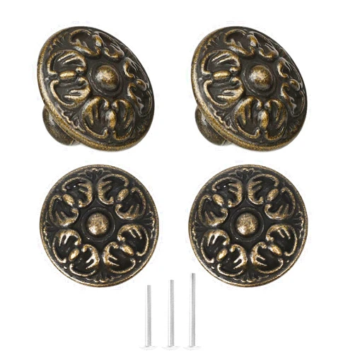 OctinPris 4X Euro Style Antique Brass Kitchen Cabinet Knobs Pull - Vintage Drawer and Dresser Round Handles - Antique Bronzed Floral for Rustic Touch for Cupboard Dresser Wardrobe