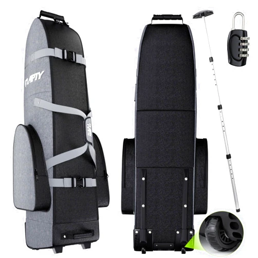 APTY Padded Golf Club Travel Bag with Wheels, Golf Luggage Case Cover for Airline - with Adjustable Support Rod, Luggage Lock, 1200D Wear-Resistant Oxford, Waterproof Coating