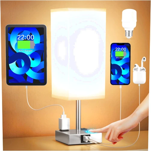 Aooshine 【Upgraded】Bedside Table Lamp Touch Control, with USB C+A Charging Ports & Dual AC Outlets, 3-Way Nightstand Lamp for Bedroom with LampShade Living Room Office(LED Dimmable Bulb Included)