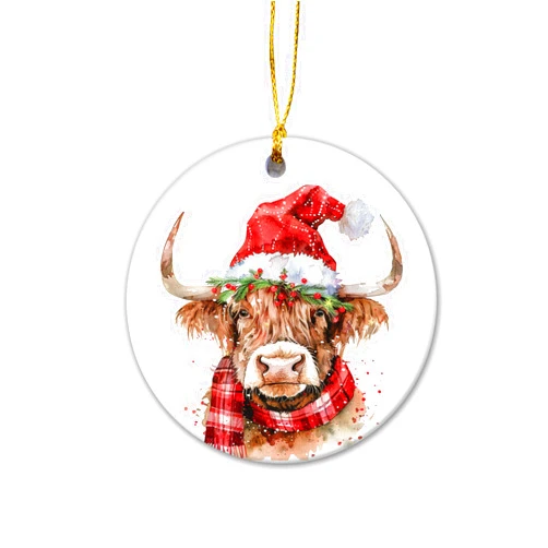 SunSky Gallery Highland Cow Chrismas Ornament 2024 | Highland Cow with Santa Hat Farm Animal Themed, Country Christmas Decor, Modern Farmhouse Decor, Farm Animals Ornament