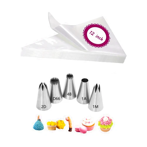 MuYwa 1M 2D 1A 4B D66 Piping Tips and Bags with Coupler,5 Large Frosting Tips Set for Rosettes,Drop FLower,Macarons,Churros,Eclairs,20 Disposable Pastry Bags for Decorating,1 Large Coupler