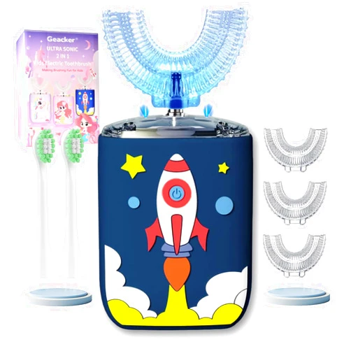 Geacker Kids U Shaped Electric Toothbrush Ultrasonic Automatic Brush with 5 Brush Head 6 Clean Modes IPX7 Waterproof Whole Mouth Rechargeable Smart Timer Toothbrushes for Children Age 2-7 (Blue)