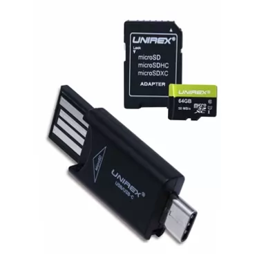 Unirex 64GB U1 MicroSD Card with SD Adapter and USB A to USB C MicroSD Reader, Reads MicroSD, MicroSDHC, MicroSDXC | Compatible with Laptop, or Tablet, Smartphone 64GB Black