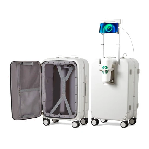 mixi Carry On Luggage with Cup Phone Holder and Charger Hard Shell Suitcases with Spinner Wheels, 20 Inch Smoke White