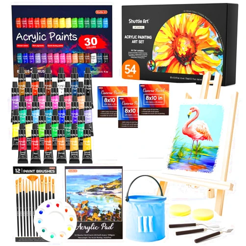 Shuttle Art 54 Pack Acrylic Paint Set, Acrylic Painting Set with 30 Colors Acrylic Paint, Wooden Easel, Painting Canvas, Paint Brushes, Palette, Art Painting Supplies for Kids Adults Beginner Artists