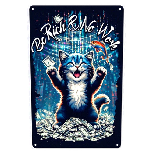 LazyLive Cat throw cash Be Rich and No Work Tin Sign Poster Wall Decor - 7.9x11.8 Metal Wall Art for Home Office Dining Room Cafe Bar - Unique Funny Present for friend