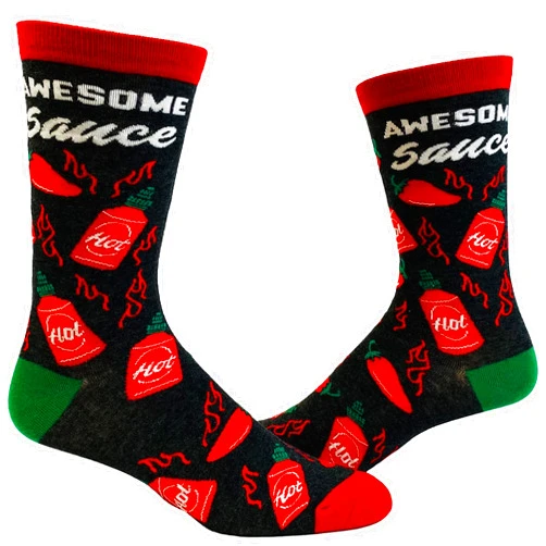 Crazy Dog T-Shirts Funny Awesome Sauce Crew Socks for Men – Hot Sauce Spicy Chili Pepper Design for Food Lovers & Heat Seekers – Novelty Gift for Chefs, Cooks & Grill Masters