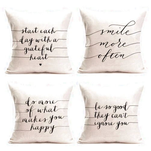Fukeen Inspirational Words Cotton Linen Throw Pillow Cases Home Decor Best Office Gift Cushion Cover Smile, Happy Lettering Pillowslip Standard 18x18 Inch, Set of 4