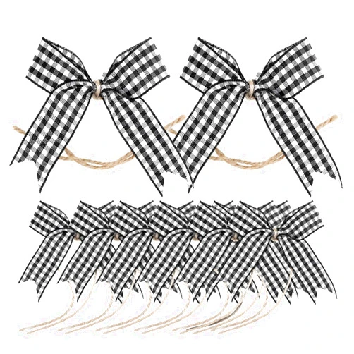WILLBOND 24 Pcs Christmas Burlap Bow for Wreaths Black and White Plaid Bows Buffalo Plaid Checkered Bowknot Small Gingham Ribbon Decorative Bowknot for Halloween Christmas Tree DIY Craft Decoration