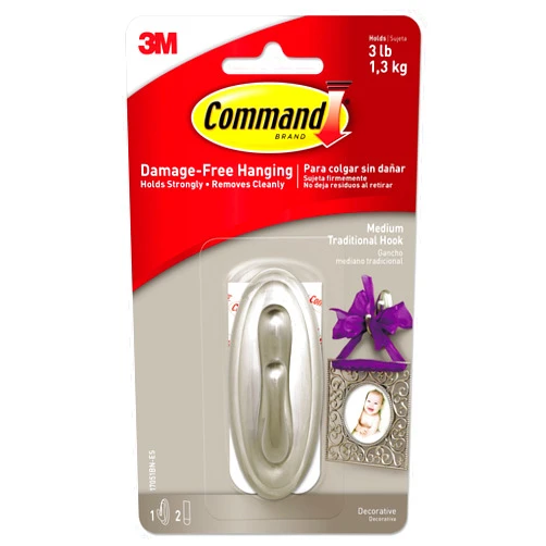 Command Medium Traditional Hook, Holds up to 3 lb, 1 Wall Hook with 2 Command Strips, Brushed Nickel Color, Organize Damage-Free No Tools Wall Hooks for Hanging Decorations in Living Spaces