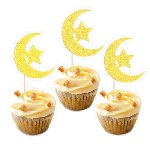 Suptilics 36 PCS Ramadan Moon Star Cupcake Toppers,Ramadan Decorations for Home,Gold Glitter Party Ramadan Decor on the Moon Cake (Moon Star)