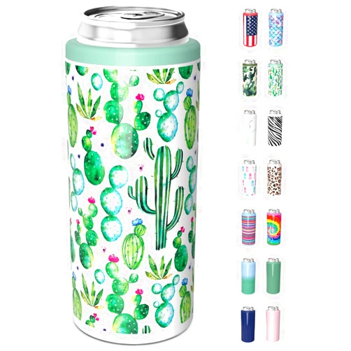 TILUCK Skinny Can Cooler for Slim Beer & Hard Seltzer, Stainless Steel, Doucle-Walled Stainless Steel Insulated Slim Cans, Standard 12 oz (Cactus)