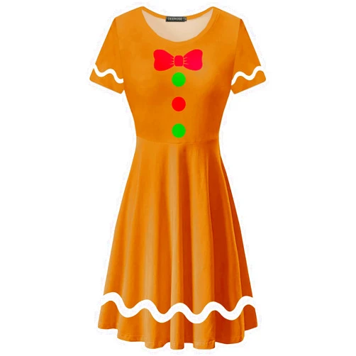 Deerose Christmas Short Sleeve Dresses Women Xmas Elastic Waist Midi Dresses Casual Tunic Dress