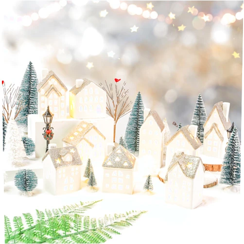 Spdmhyo 29Pcs Ceramic Christmas Village Set with Tea Light Christmas Pine Trees Xmas Street Lamp White Porcelain House Mantle Tabletop Christmas Decoration(Built in LR44)