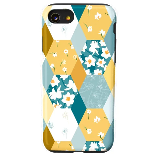 Patterns by M.Kokolo iPhone SE (2020) / 7 / 8 Floral Daffodil Quilt Pattern | Teal Blue and Yellow Case