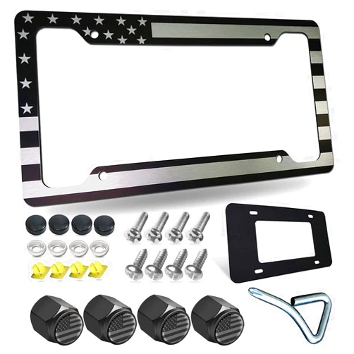 Tuersan American Flag License Plate Frame Patriotic USA Flag Car Tag Cover, Rust Rattle Proof Aluminum Holder with Mounting Hardware Kit,Stainless Steel Screws Bolts,Black Caps, Tire Valve Stem Caps