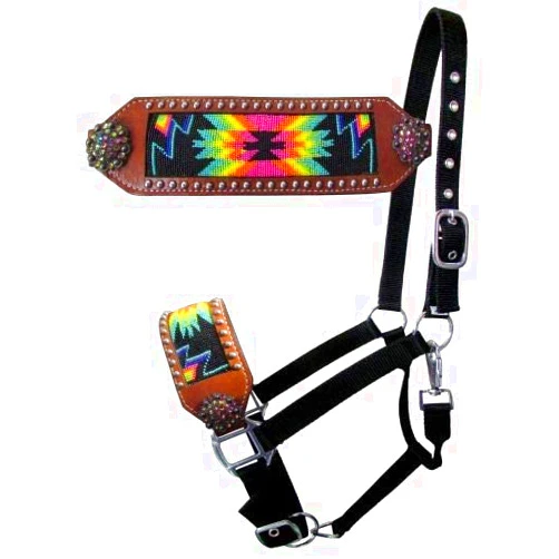 Showman Leather Bronc Halter w/Beaded Rainbow Navajo Design