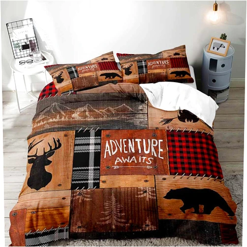 LUVIVIHOME 3PCS Cabin Rustic Bedding, King Duvet Cover, Black Bear Deer Forest Animal Wildlife Hunting Lodge Quilt Brown Patchwork Red Plaid Comforter Cover, Country Farmhouse Bedding, 2 Pillowcases