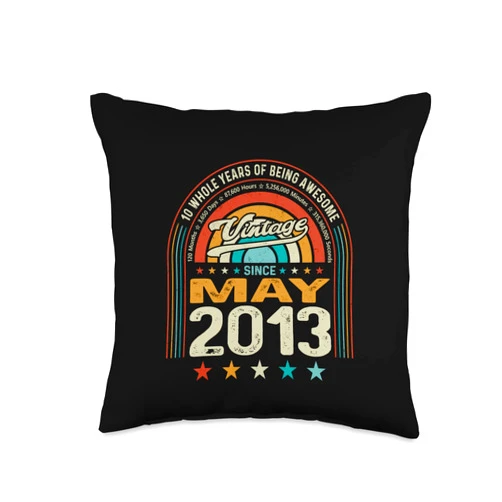 GTee Vintage 10th Birthday Version 2023 10th Birthday Kids 10 Years of Being Awesome Born May 2013 Throw Pillow, 16x16, Multicolor