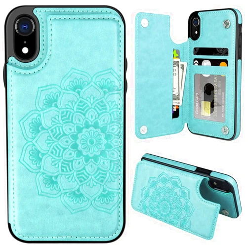 MMHUO for iPhone XR Case with Card Holder, Flower Magnetic Back Flip Case for iPhone XR Wallet Case for Women, Shockproof Protective Case Full Cover Phone Case for iPhone XR,Mint