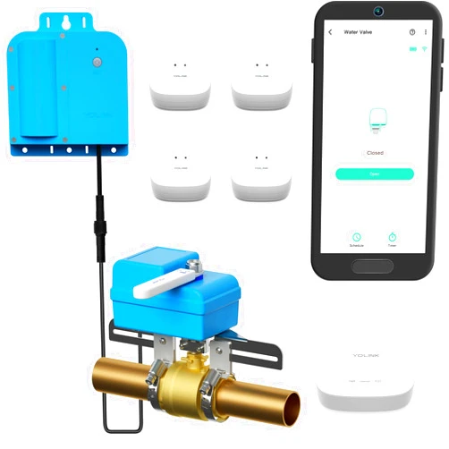 YoLink DIY Automatic Water Leak Detection & Shut-Off Starter Kit, Valve Operator, X3 Version Wireless Valve Controller, (4) Leak Sensors, Hub