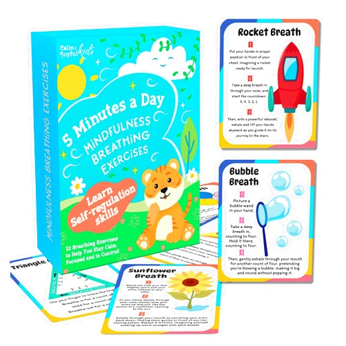 Calm and Joyful Kids Breathing Cards for Kids – Mindfulness & Calming Corner Kit Must Haves, Yoga & Speech Therapy Materials, Special Education Classroom Office, Social Emotional Learning, Mindful Sensory Play Activities