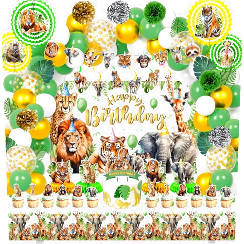 Mpanwen Safari Jungle Birthday Party Decorations, 125 Pcs Safari Zoo Animal Theme Party Supplies for Baby Boys - Backdrop, Cupcake Toppers, Palm Leaves, Tablecloth, Paper Honeycomb, Fans Pompoms