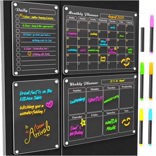 DIYMAG 4Pcs Acrylic Magnetic Dry Erase Calendar for Fridge, White Clear Calendar Planning Board Set Magnetic Weekly Monthly Planner Menu for Refrigerator with 6 Highlight Markers Transparent Color