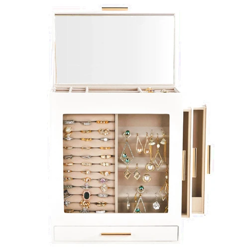 ENNROT 4-Drawer Transparent Panel Jewelry Storage Box, Pink Velvet Lining, White Jewelry Storage Cabinet, Multi-Functional Storage Box, With Mirror, Necklace And Ring Storage (6..1X10.3 x 12.6 Inches)