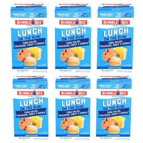 Bumble Bee Lunch On The Run Tuna Salad with Crackers Kit, 8.2 oz - Ready to Eat, Includes Crackers, Cookie & Peaches - Wild Caught Tuna - Shelf Stable & Convenient Source of Protein (Pack of 6), Easy Open Cans