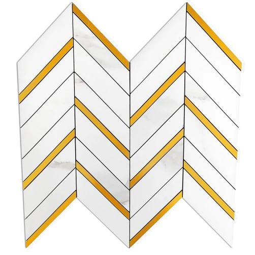 KASARO Peel and Stick Herringbone Backsplash for Kitchen Wall, 10-Piece Golden Decorative Self-Adhesive Wall Tile for Kitchen, Bedroom, RV, White & Gold