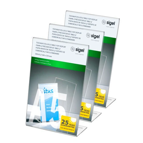 sigel TA212 Sign Holder, slanted, for A5, single-sided presentation, acrylic, transparent, 3 pcs.