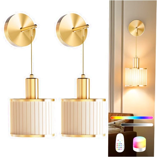 SAIMAND Battery Operated Wall Sconce Set of 2, Wireless Rechargeable Wall Lights with Remote Control, 9 Colors Dimmable LED Lamps, Modern Cordless Sconces for Bedroom Living Room Hallway(Gold)
