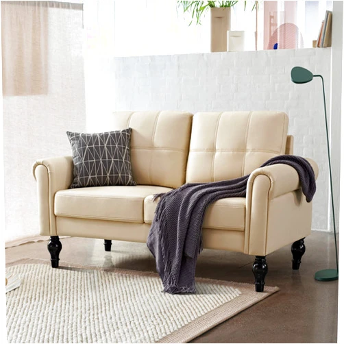 Husbedom 60.6 Inches Loveseat Sofa, Air Leather Small Couches for Small Spaces, Comfy Couch for Living Room, Bedroom, Apartment, Studio, Beige