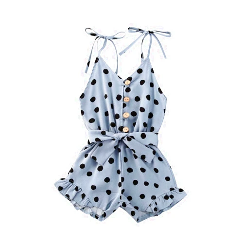 Dadaryeong Toddler Baby Girl Polka Dot Print Strap Shoulder Drawstring Romper Overalls One Piece Bodysuit Jumpsuit Summer Outfits (2-3T,Blue)