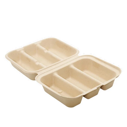 EcoQuality 3 Compartment Taco Container Compostable Clamshell - Hot Dog Container, Biodegradable Takeout Box, Unbleached, Three Compartment - Concessions, Taco Trucks, Hot Dog Stands, Delivery, Take out (600)