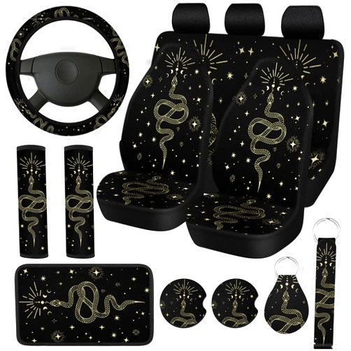 Riakrum 15 Pcs Boho Celestial Snake Seat Covers Full Set Thick Car Front and Back Steering Wheel Cover Seatbelt Strap Armrest Pads Cup Mat Wrist Strap Key Chains for Auto Truck