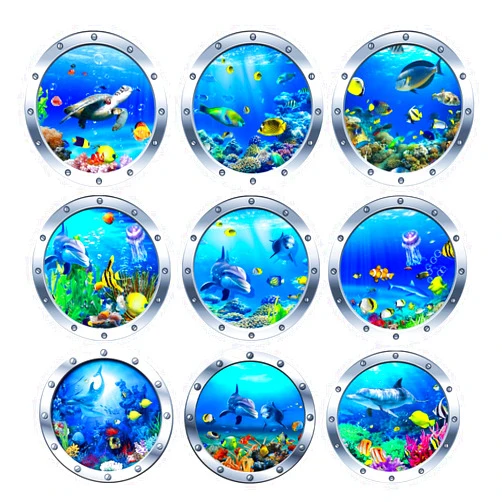 Loriyboe 9Pcs Ocean World Wall Stickers, 12” Removable Art Decals for Kids, 3D Wall Decals Peel and Stick Vinyl Stickers for Bathroom and Bedroom, Furniture, Home Decor