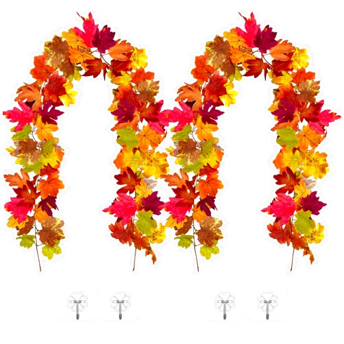 Subacy 2 PCS Fall Maple Leaves Garland, Artificial Autumn Maple Leaf, Hanging Fall Vine Garland Autumn Foliage, Thanksgiving Fireplace Christmas Party Wedding Decor (Purple,Brown,Green)