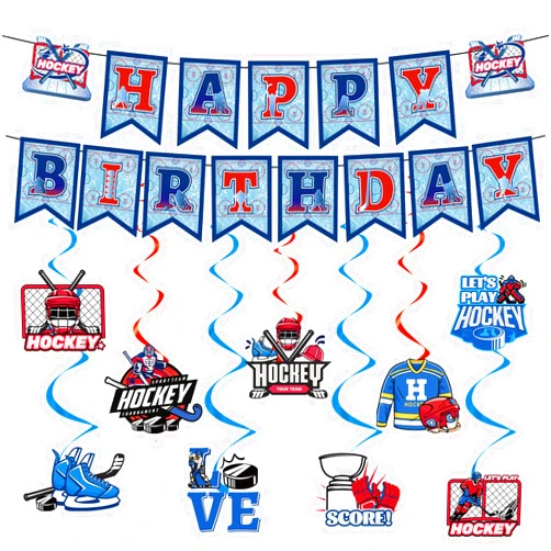 Yoyuspy Hockey Birthday Party Decorations - 11PCS Hockey Birthday Decoration Set Happy Birthday Banner Hanging Swirls Hockey Birthday Party Supplies for Kids Sport Themed Party Decor for Hockey Fans